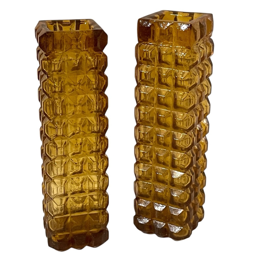 Pair Vintage Bud Vases Amber Checkered Pressed Glass in Square Pyramid Pattern